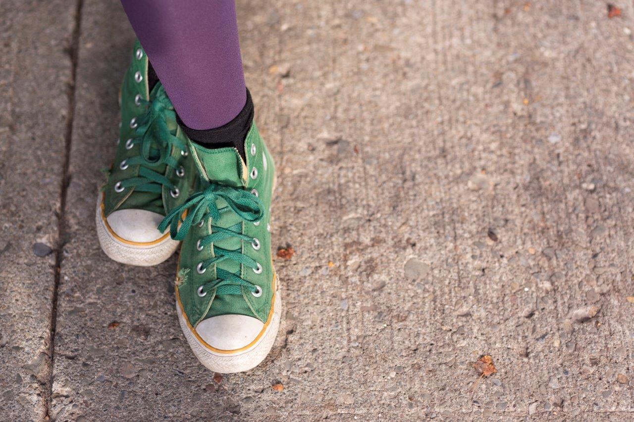 unique pic of purple legs and green shoes